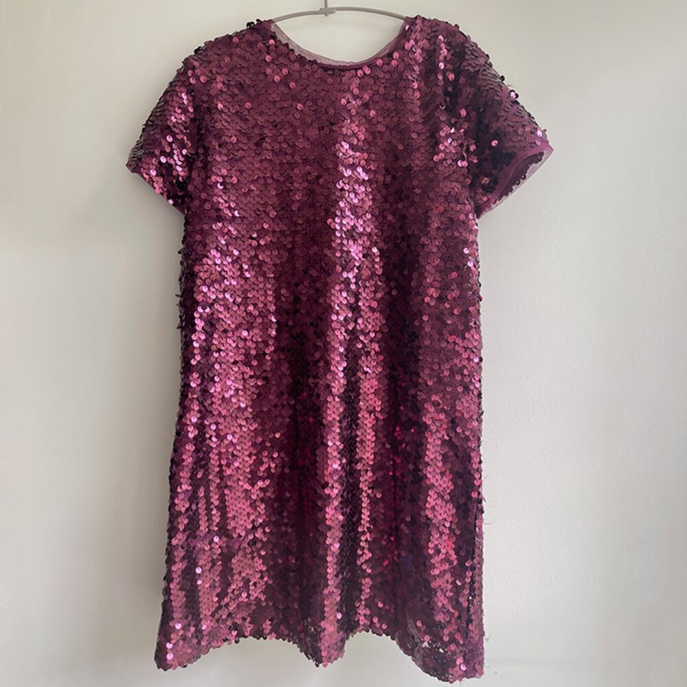 GAP Kids, Short Sleeve Maroon/Huckleberry Sequin Shift Dress, Girls Size M (8)